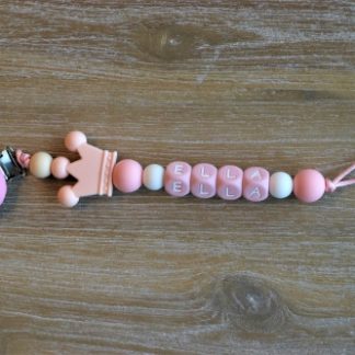 Gepersonaliseerde speenkoord met roze letters